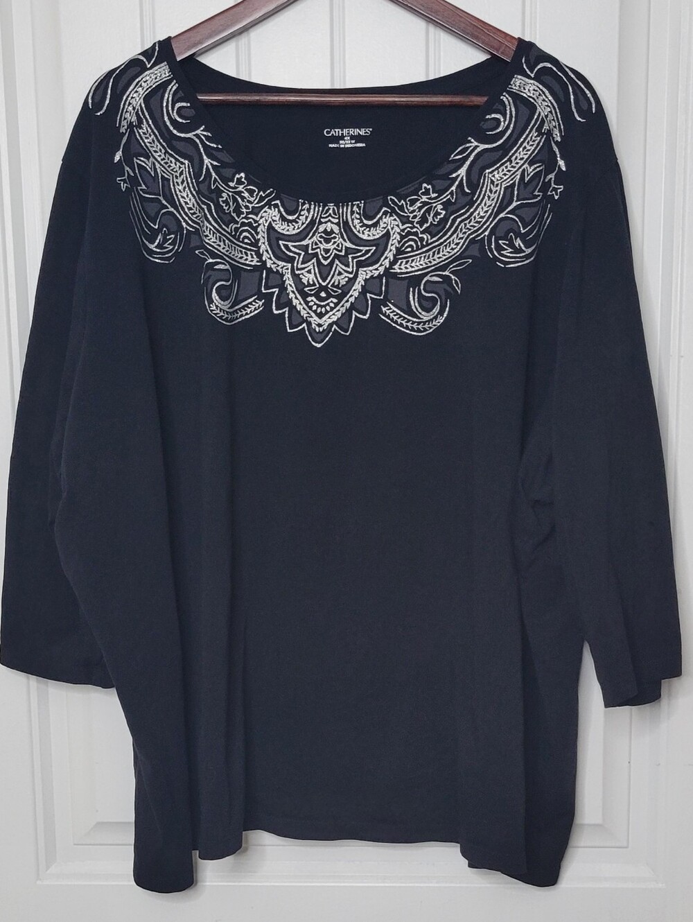 Catherines Black Scoop Neck Sweater with White Printed Neckline